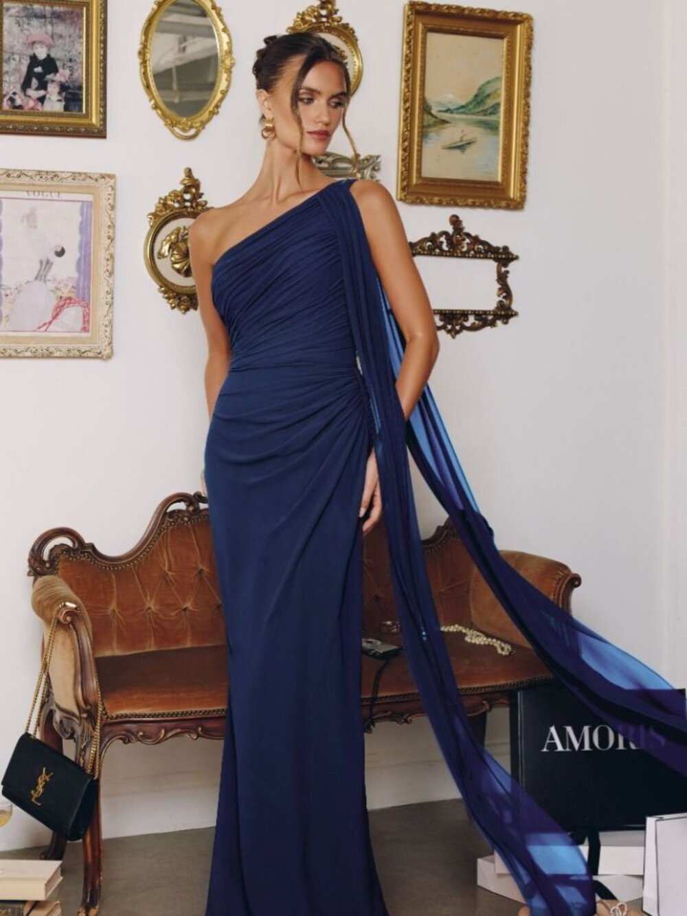New Navy Sheath Bridesmaid Dress w/Functional Shoulder Cape & Side Zip CD T730
